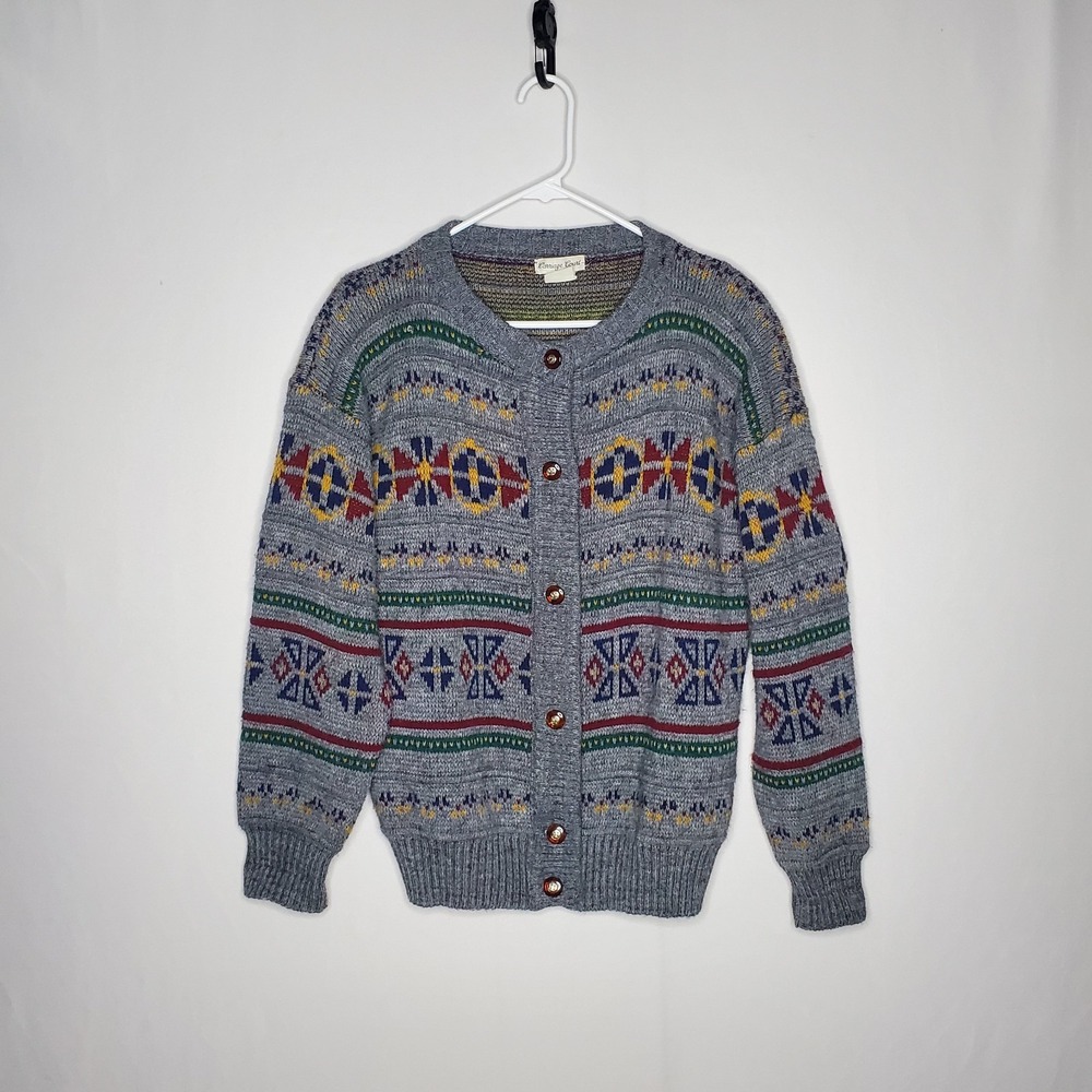 Carriage Court Vintage Fair Isle Cardigan Sweater Women Medium Gray Primary 80s